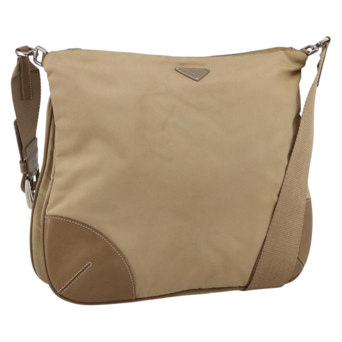PRADA Shoulder Bag Nylon Beige Silver Auth hk3534