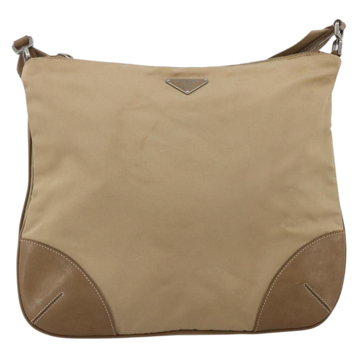 PRADA Shoulder Bag Nylon Beige Silver Auth hk3534