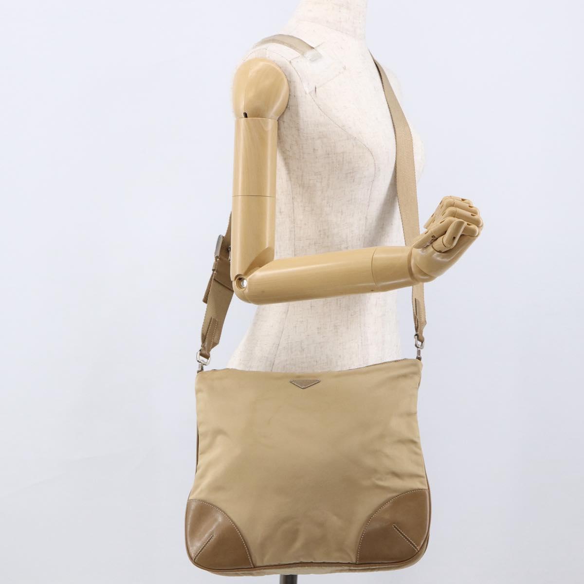 PRADA Shoulder Bag Nylon Beige Silver Auth hk3534