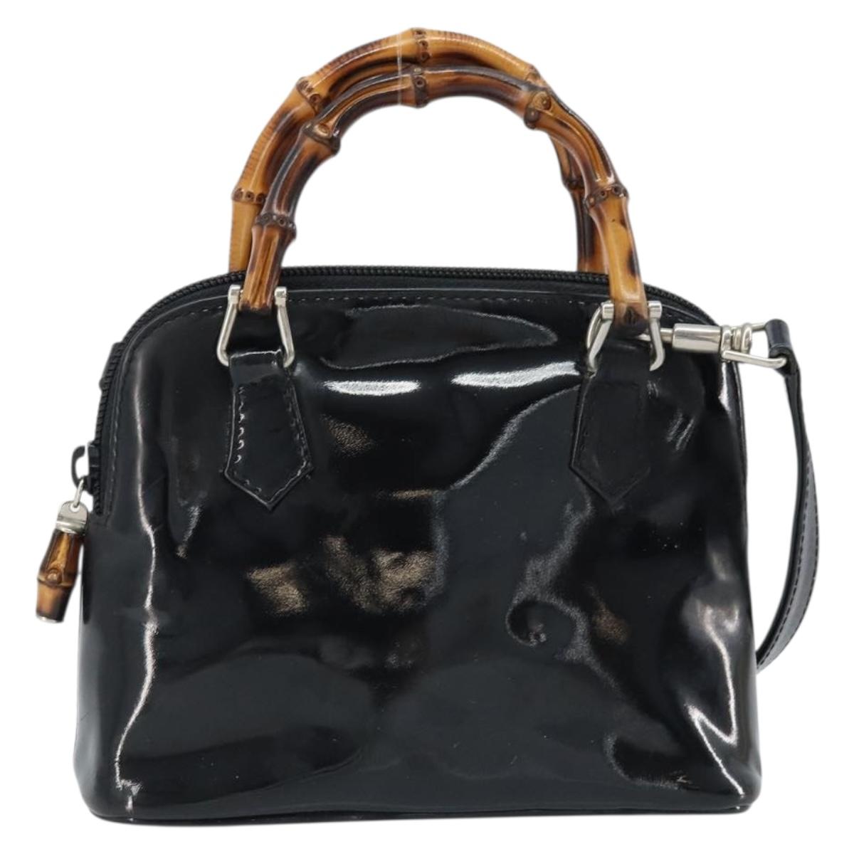 GUCCI Bamboo Hand Bag Patent 2way Black Silver 007 1014 0231 0 Auth hk3535