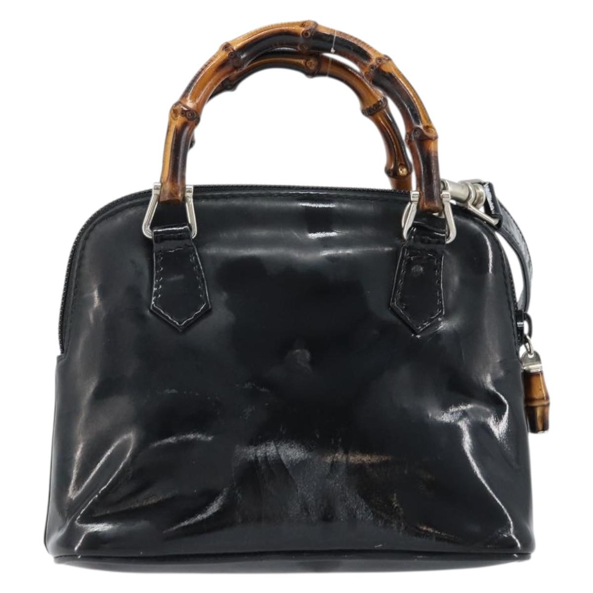 GUCCI Bamboo Hand Bag Patent 2way Black Silver 007 1014 0231 0 Auth hk3535