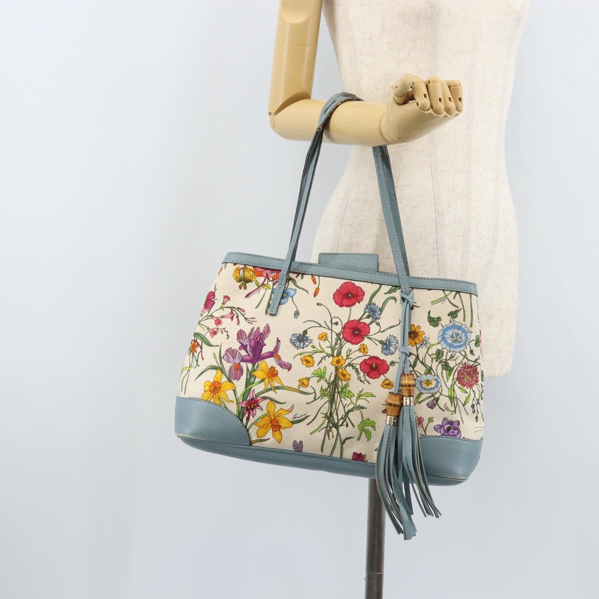 GUCCI Bamboo Flora Tote Bag Canvas Multicolor Gold 358470 Auth hk3538