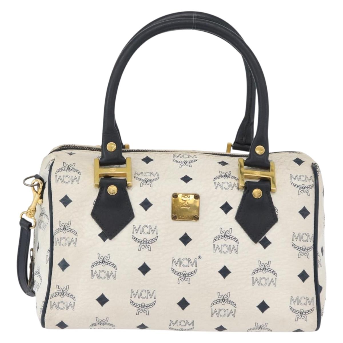 MCM Vicetos Logogram Boston Bag PVC Leather 2way White Gold Auth hk3541