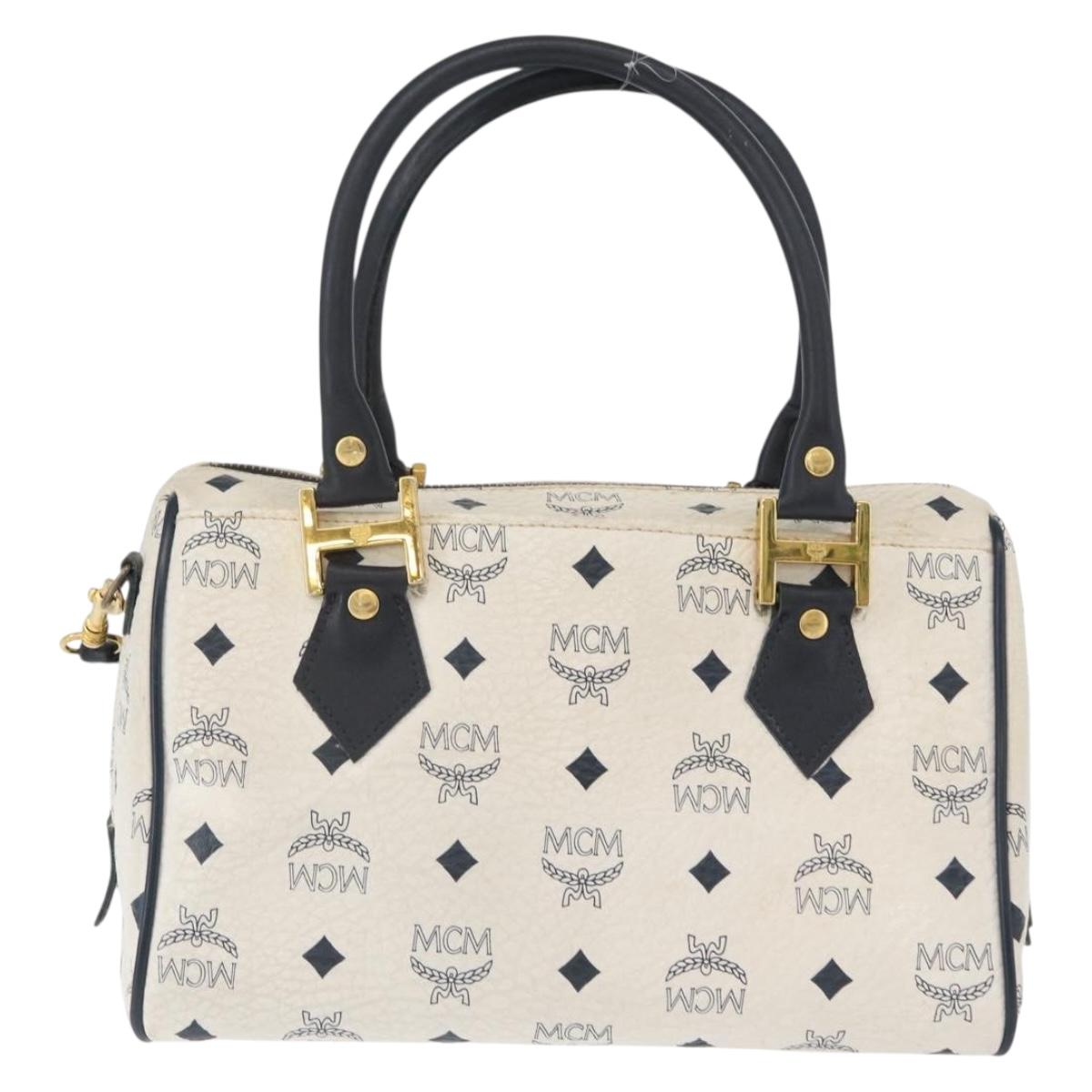 MCM Vicetos Logogram Boston Bag PVC Leather 2way White Gold Auth hk3541