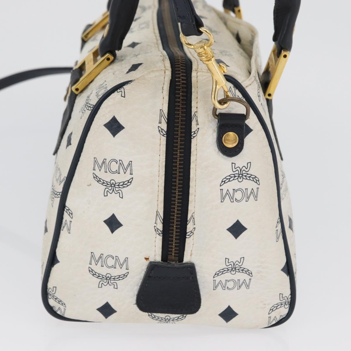 MCM Vicetos Logogram Boston Bag PVC Leather 2way White Gold Auth hk3541