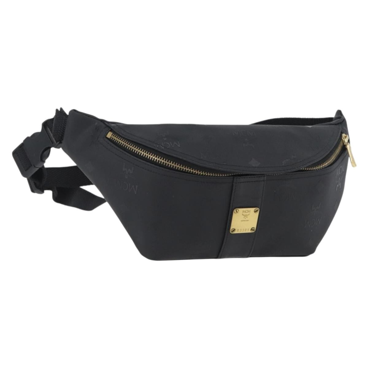 MCM Logogram Vicetos Waist bag PVC Black Gold Auth hk3543