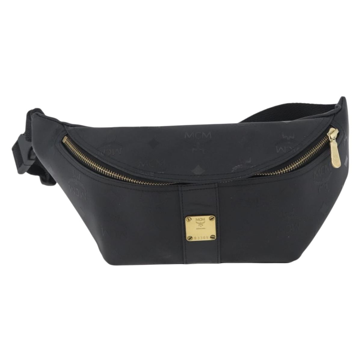 MCM Logogram Vicetos Waist bag PVC Black Gold Auth hk3543