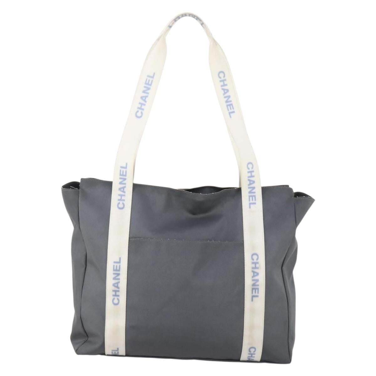 CHANEL Tote Bag Nylon Gray Silver CC Auth hk3544