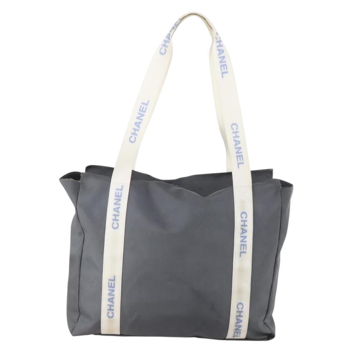 CHANEL Tote Bag Nylon Gray Silver CC Auth hk3544