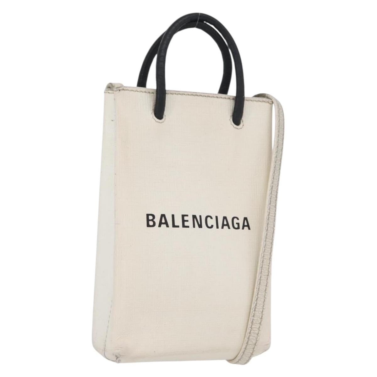 BALENCIAGA Shopping Phone Holder Shoulder Bag Leather White 593826 Auth hk3545