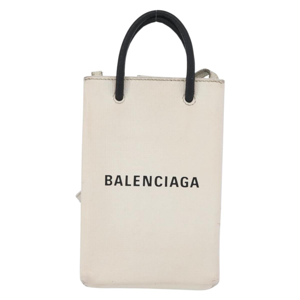 BALENCIAGA Shopping Phone Holder Shoulder Bag Leather White 593826 Auth hk3545