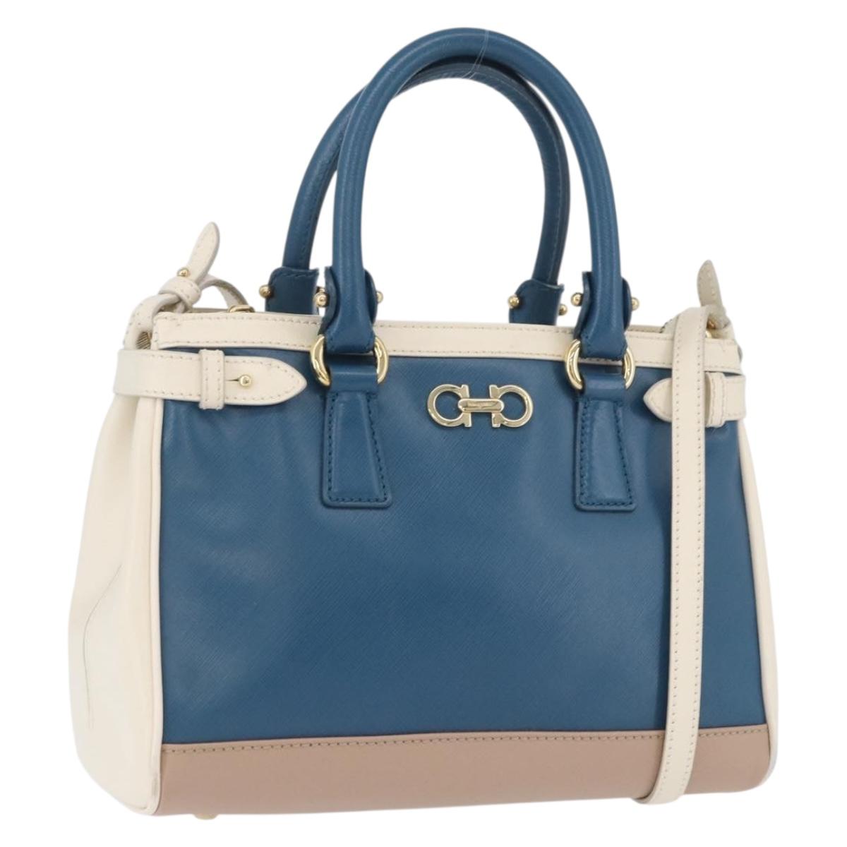 Salvatore Ferragamo Gancini Hand Bag Leather 2way Blue Gold Auth hk3580A