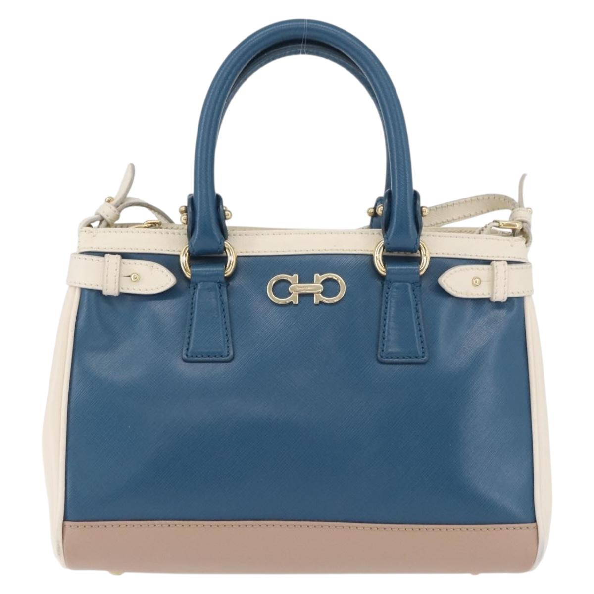 Salvatore Ferragamo Gancini Hand Bag Leather 2way Blue Gold Auth hk3580A