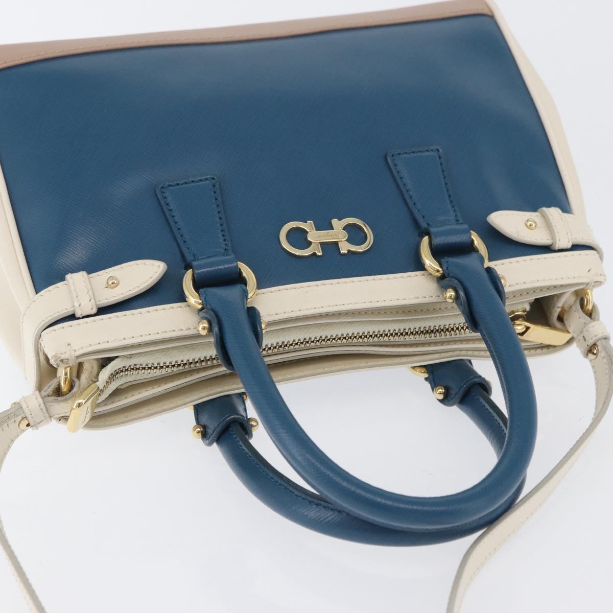 Salvatore Ferragamo Gancini Hand Bag Leather 2way Blue Gold Auth hk3580A