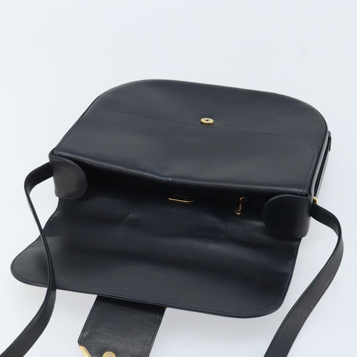 CARTIER Shoulder Bag Leather Navy Gold Auth hk3587