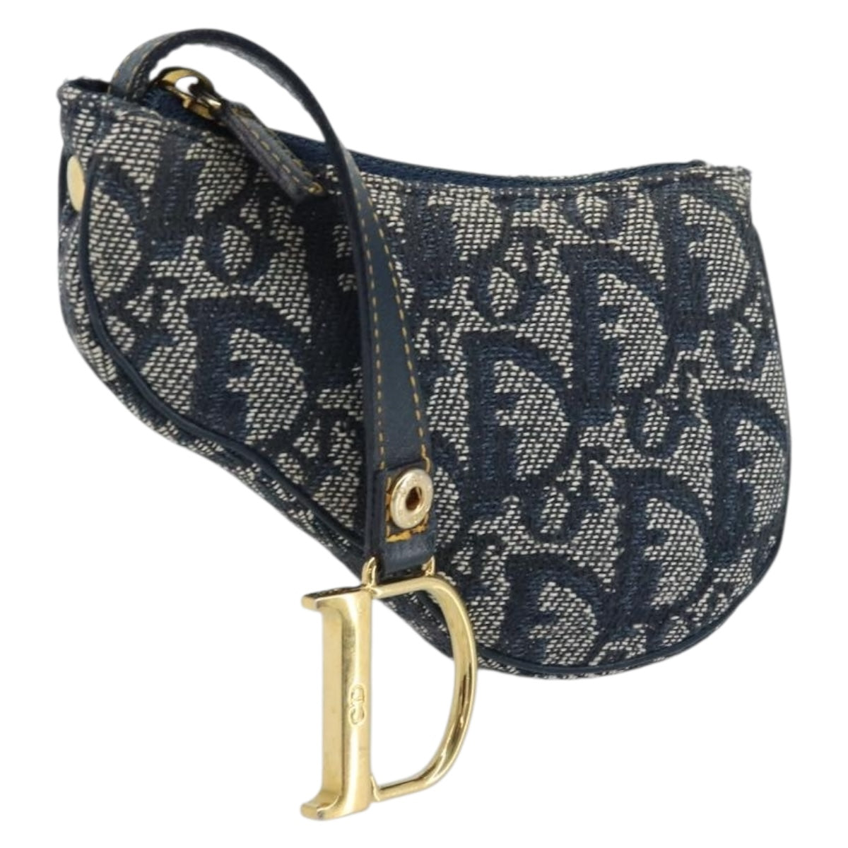 Christian Dior Trotter Canvas Saddle Coin Purse Navy Gold Auth hk3595A