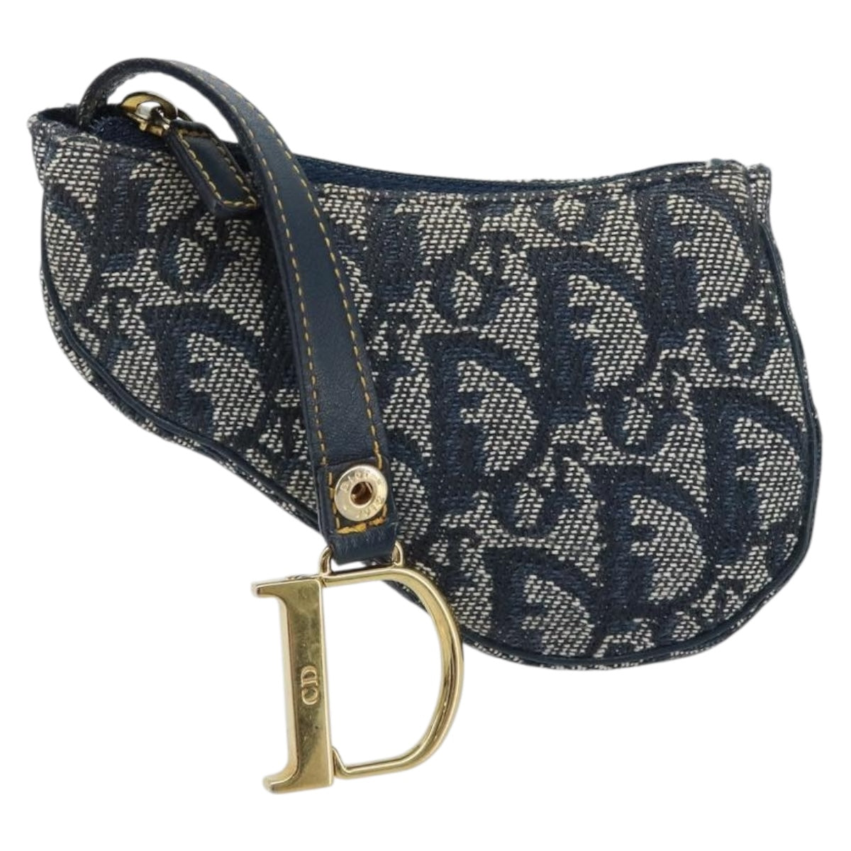 Christian Dior Trotter Canvas Saddle Coin Purse Navy Gold Auth hk3595A