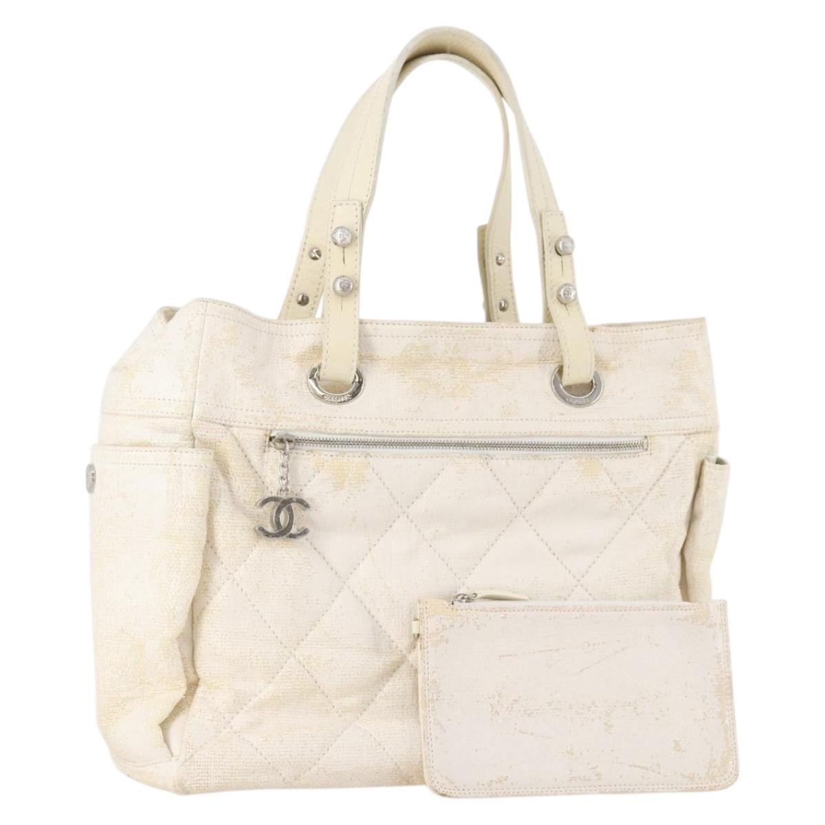 CHANEL Matelasse Paris Biarritz GM Tote Bag PVC Canvas White CC Auth hk3597