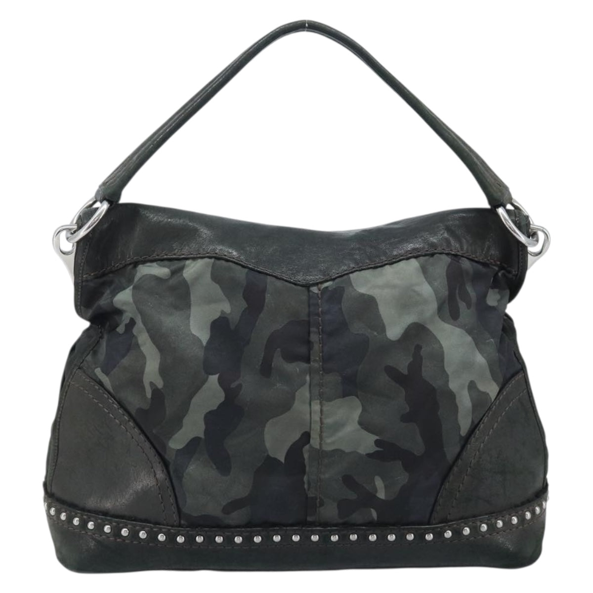 PRADA Camouflage Shoulder Bag Nylon Leather Khaki Black Silver Auth hk3599