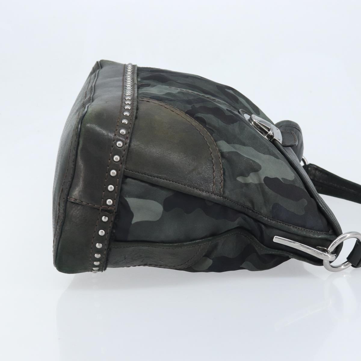 PRADA Camouflage Shoulder Bag Nylon Leather Khaki Black Silver Auth hk3599