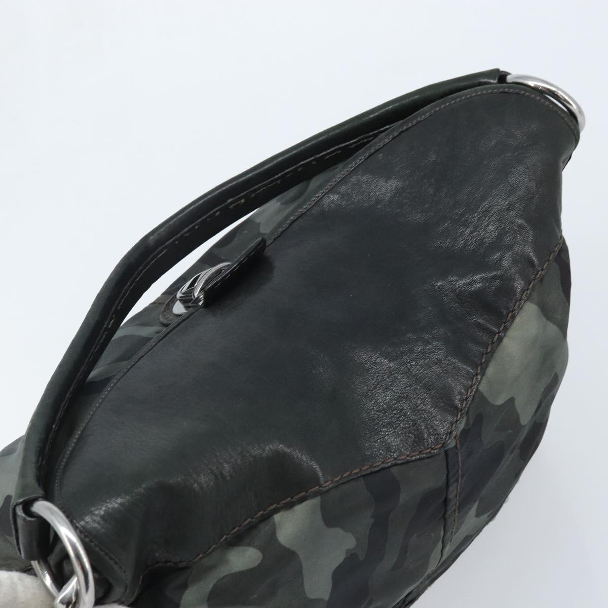 PRADA Camouflage Shoulder Bag Nylon Leather Khaki Black Silver Auth hk3599