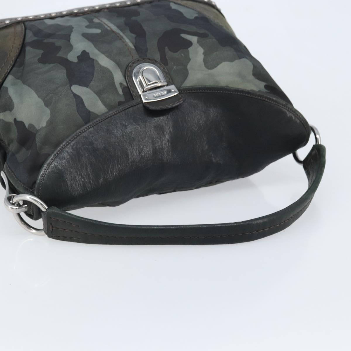PRADA Camouflage Shoulder Bag Nylon Leather Khaki Black Silver Auth hk3599