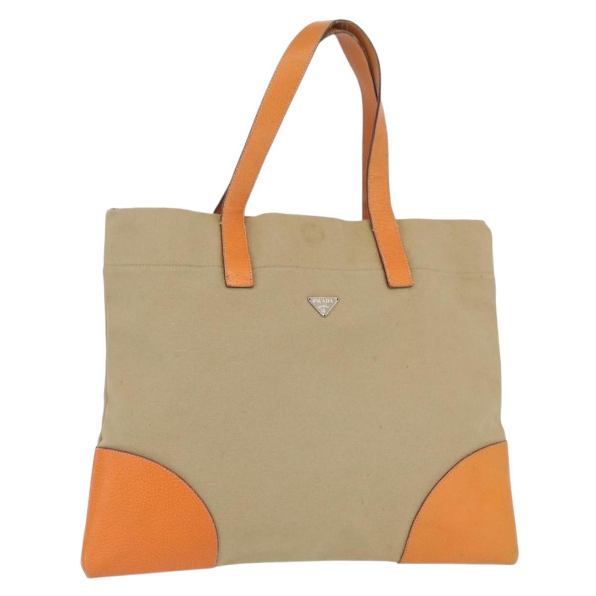 PRADA Tote Bag Canvas Leather Beige Orange Silver Auth hk3602