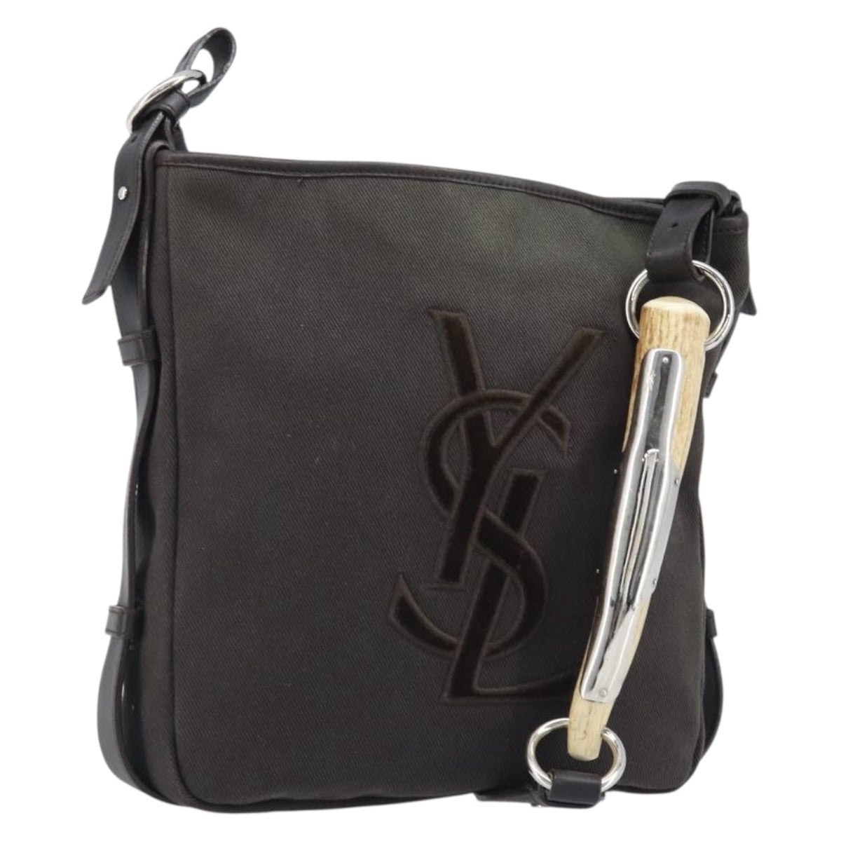 SAINT LAURENT Mombasa Shoulder Bag Canvas Leather Dark Brown Silver Auth hk3606V