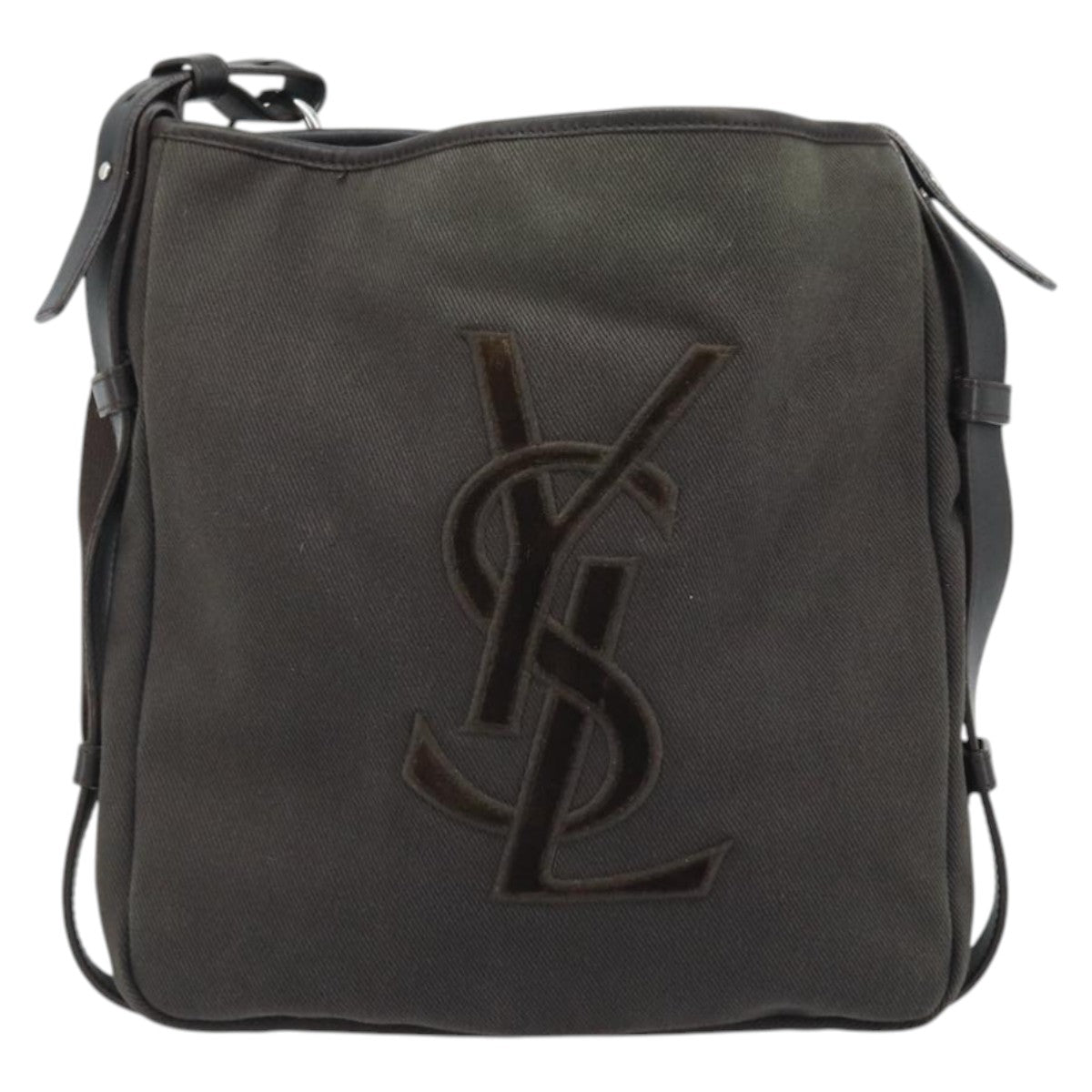 SAINT LAURENT Mombasa Shoulder Bag Canvas Leather Dark Brown Silver Auth hk3606V