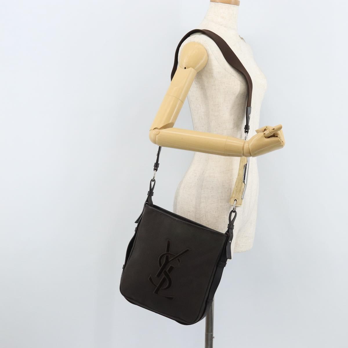 SAINT LAURENT Mombasa Shoulder Bag Canvas Leather Dark Brown Silver Auth hk3606V