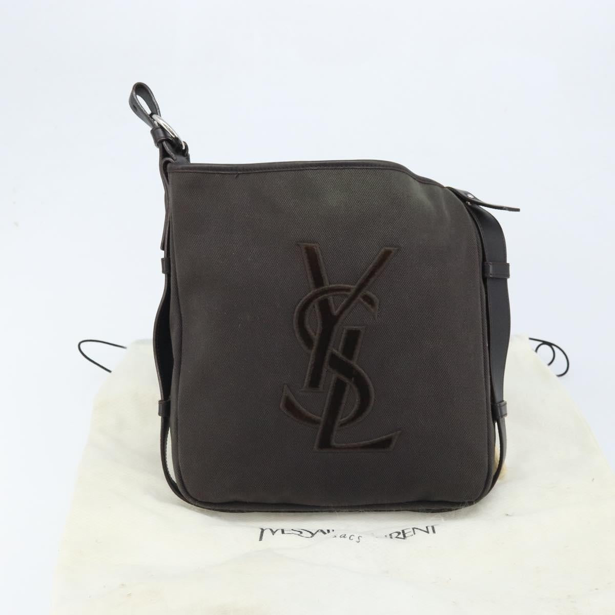 SAINT LAURENT Mombasa Shoulder Bag Canvas Leather Dark Brown Silver Auth hk3606V