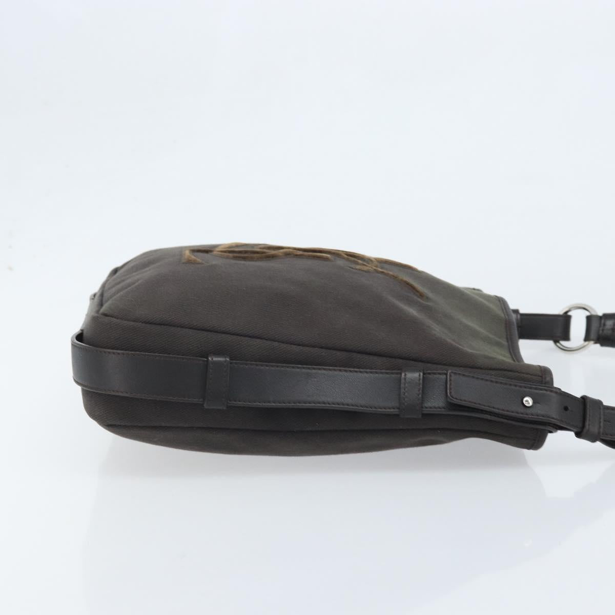 SAINT LAURENT Mombasa Shoulder Bag Canvas Leather Dark Brown Silver Auth hk3606V