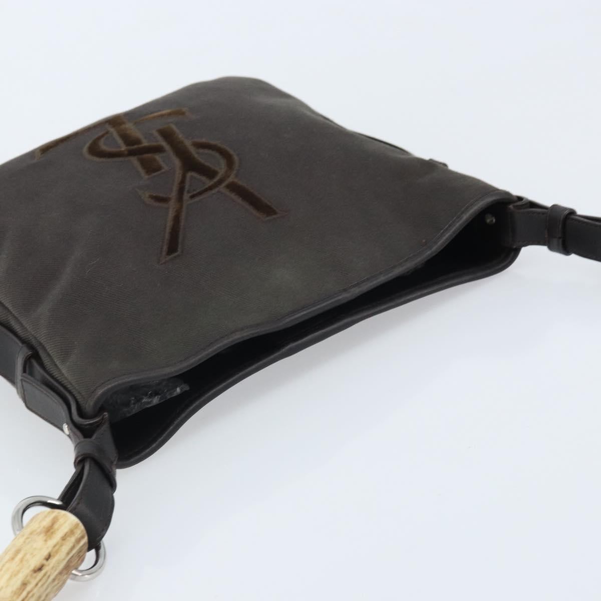 SAINT LAURENT Mombasa Shoulder Bag Canvas Leather Dark Brown Silver Auth hk3606V