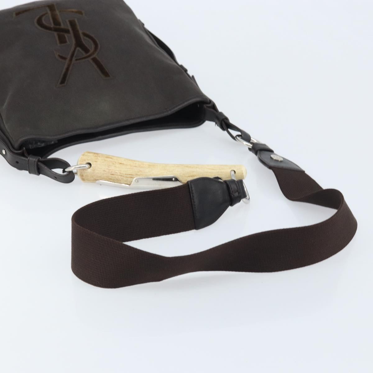 SAINT LAURENT Mombasa Shoulder Bag Canvas Leather Dark Brown Silver Auth hk3606V