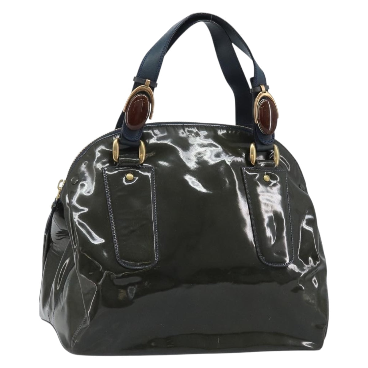 Chloe Hand Bag Patent leather Khaki Gold Auth hk3611