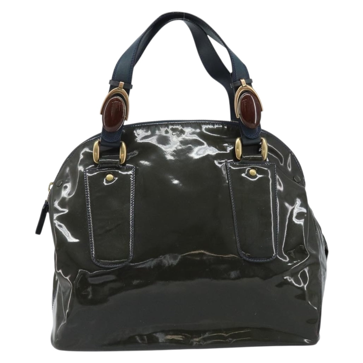 Chloe Hand Bag Patent leather Khaki Gold Auth hk3611