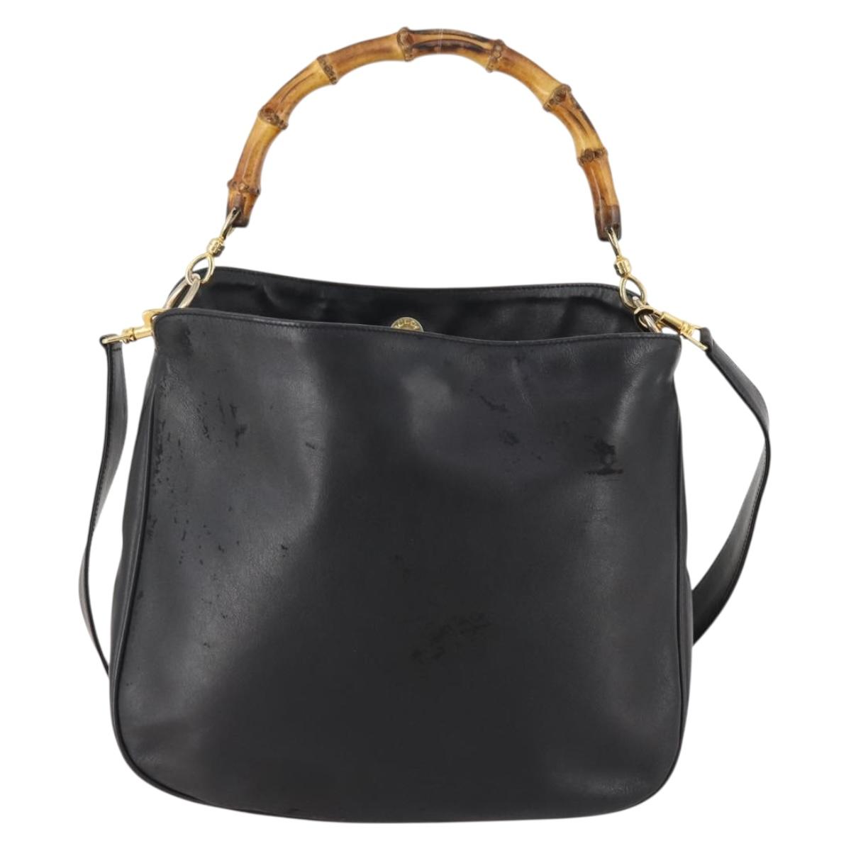 GUCCI Bamboo Shoulder Bag Leather 2way Black Gold 001 1781 1638 Auth hk3622