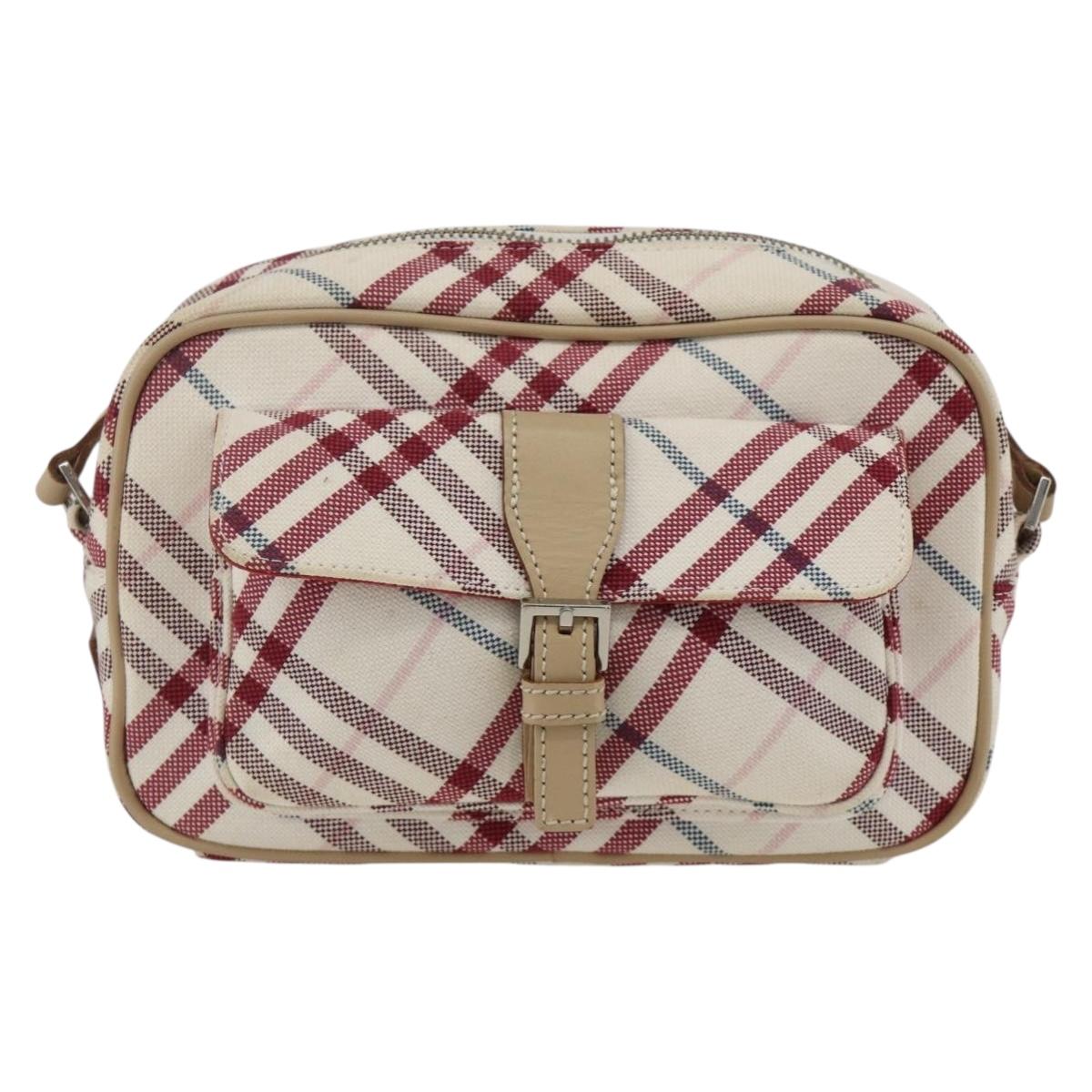 BURBERRY Nova Check Blue Label Bag Canvas Leather White Silver Auth hk3641A