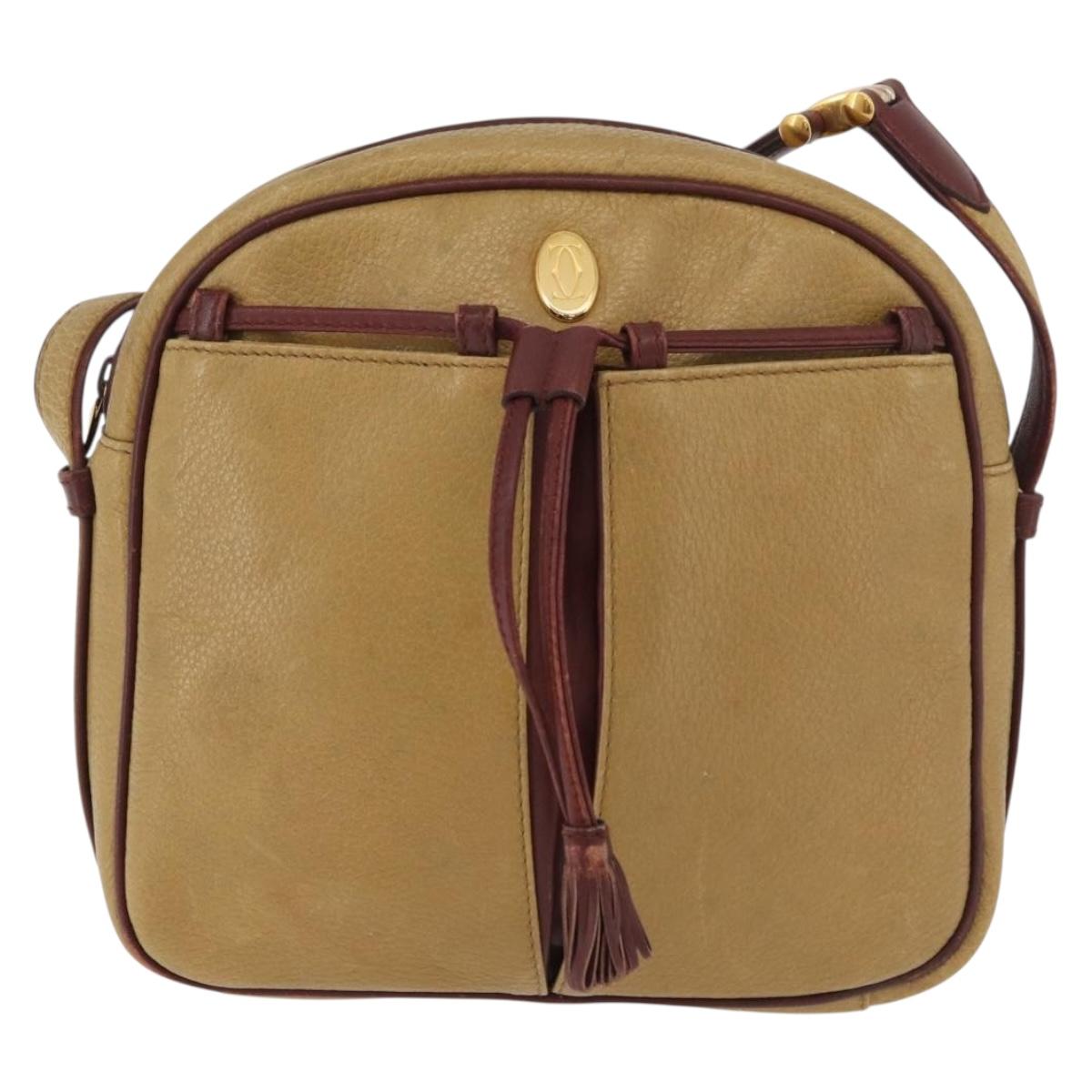 CARTIER Shoulder Bag Leather Beige Gold Auth hk3696A