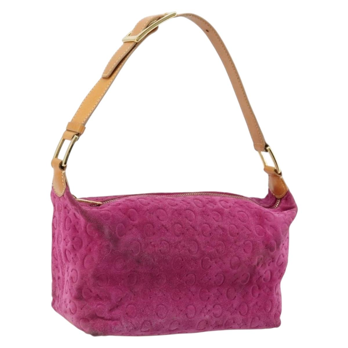 CELINE C Macadam Canvas Hand Bag Suede Pink Gold Auth hk3700A