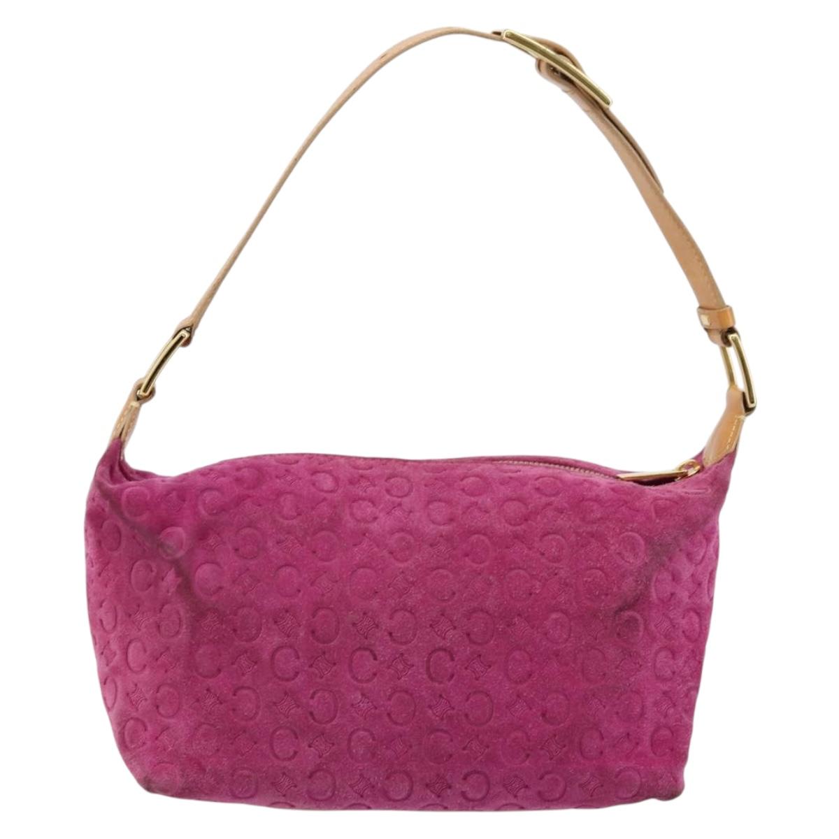 CELINE C Macadam Canvas Hand Bag Suede Pink Gold Auth hk3700A