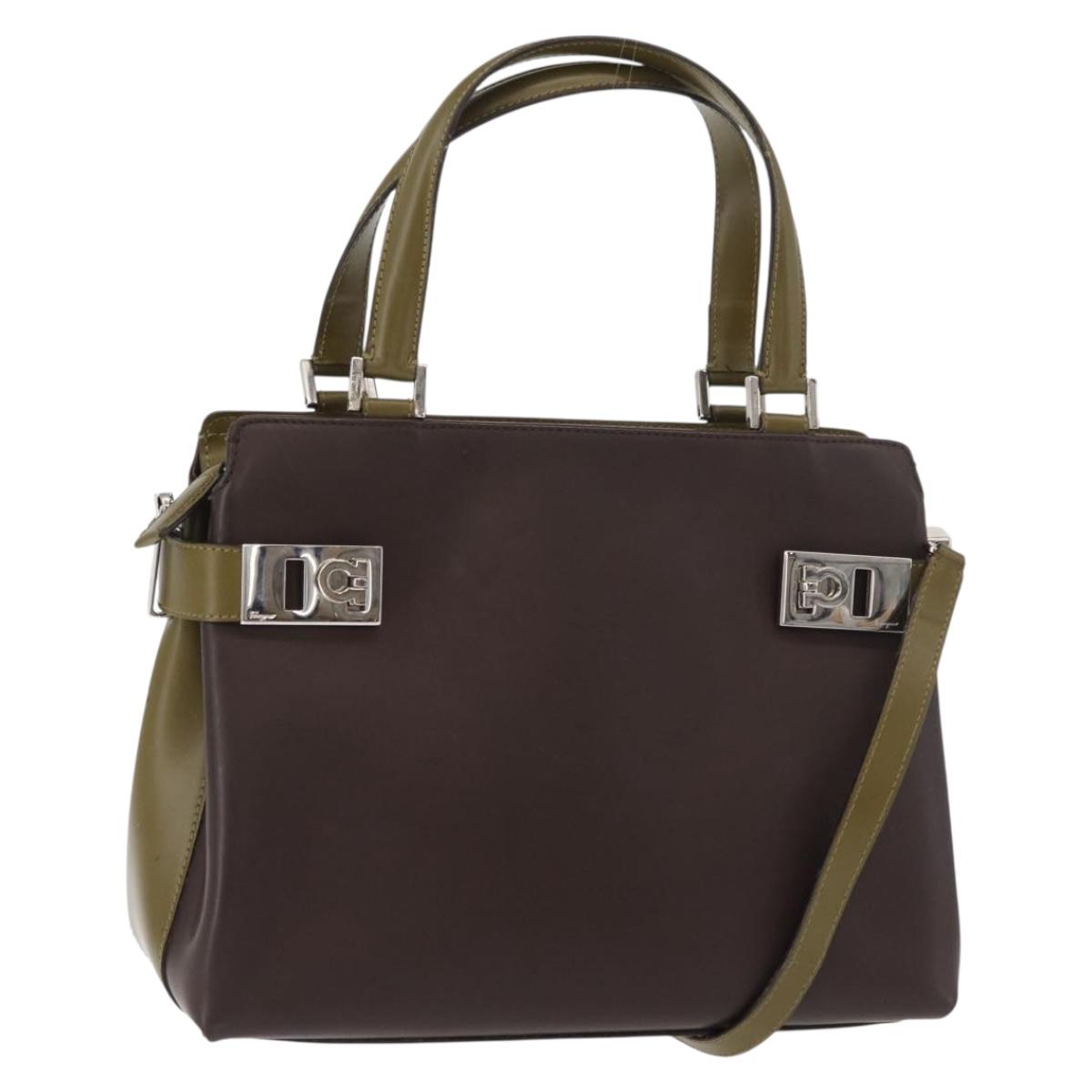 Salvatore Ferragamo Gancini Bag Patent leather 2way Brown Silver Auth hk3704