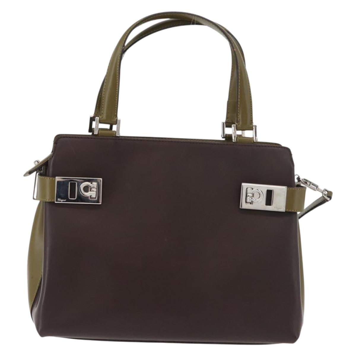Salvatore Ferragamo Gancini Bag Patent leather 2way Brown Silver Auth hk3704
