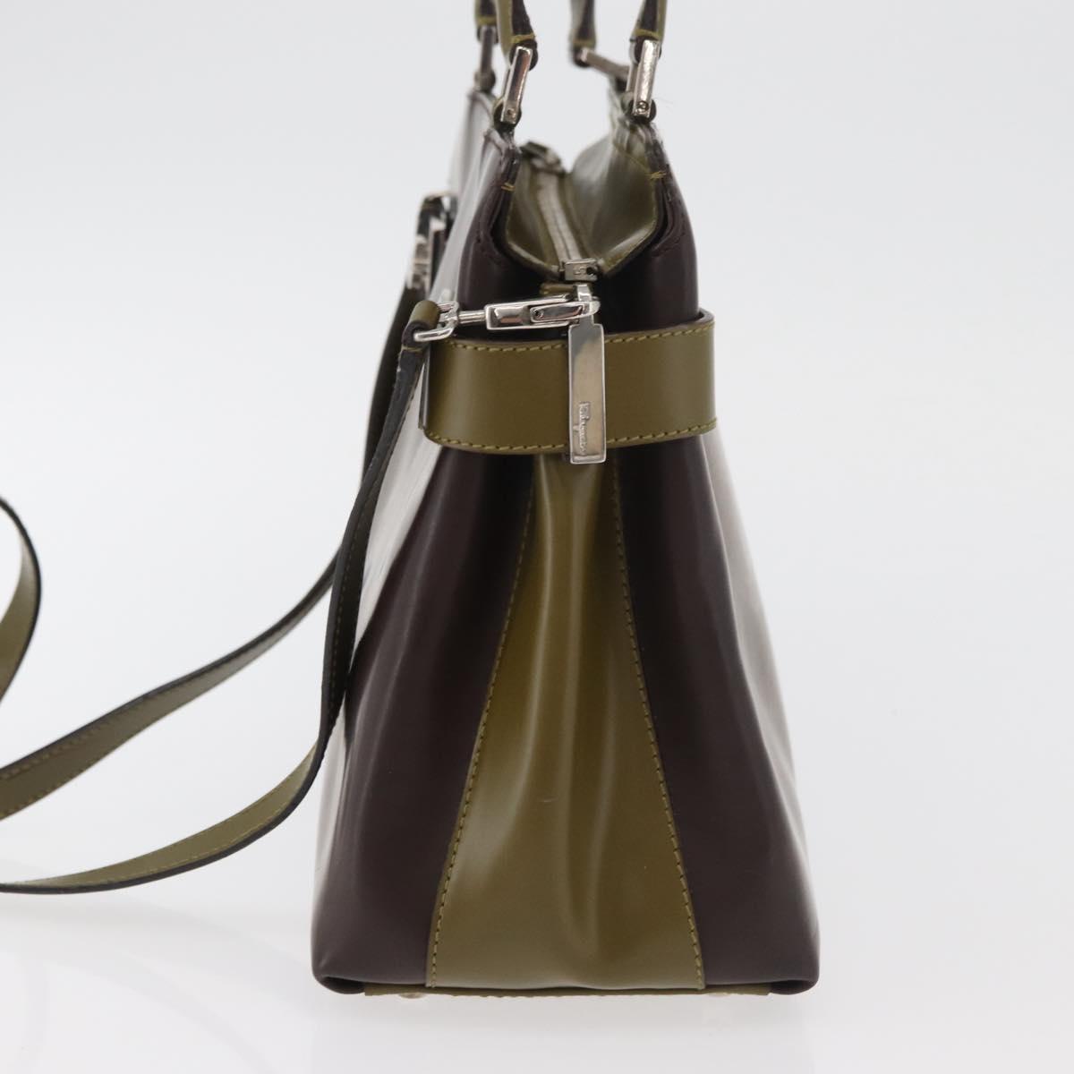 Salvatore Ferragamo Gancini Bag Patent leather 2way Brown Silver Auth hk3704