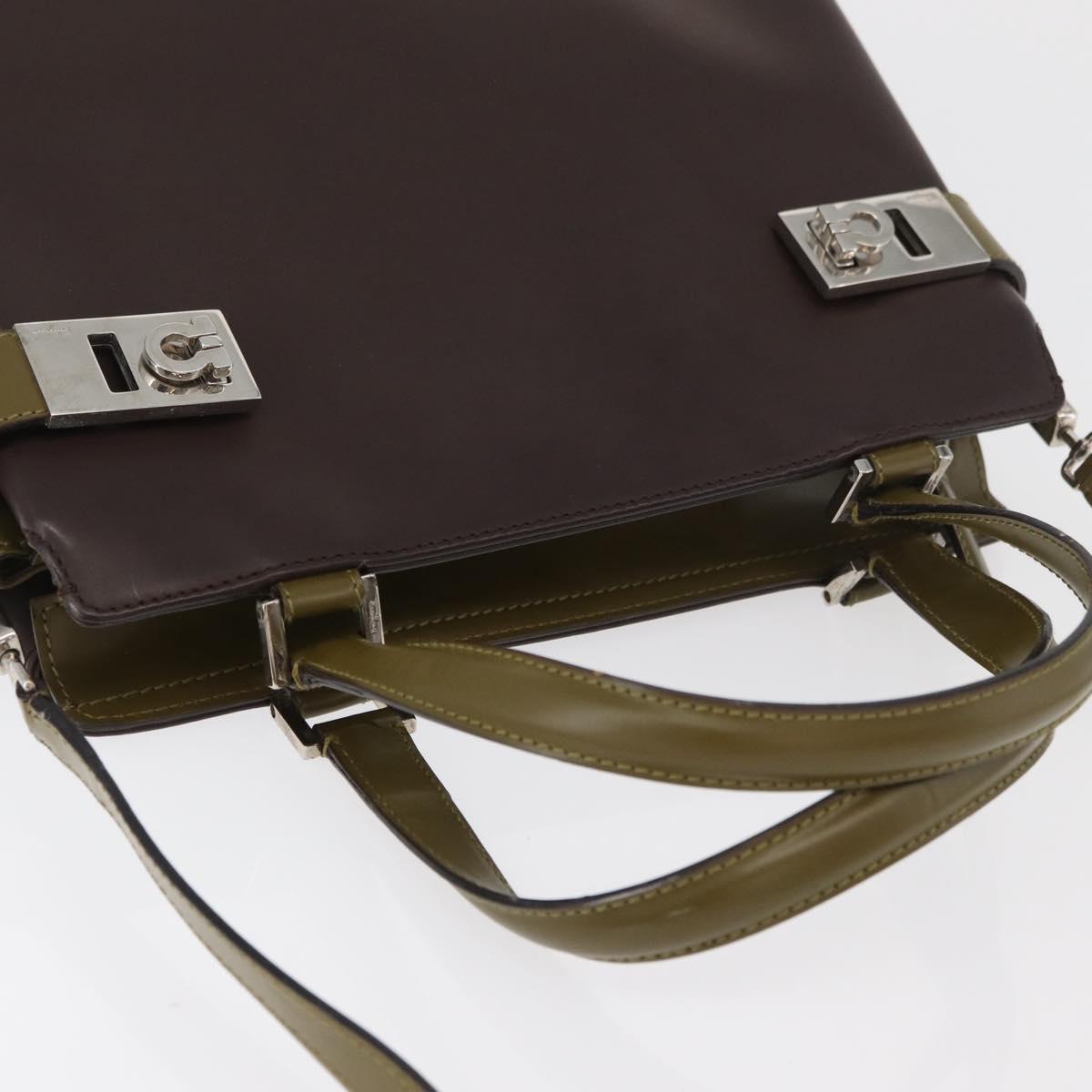 Salvatore Ferragamo Gancini Bag Patent leather 2way Brown Silver Auth hk3704