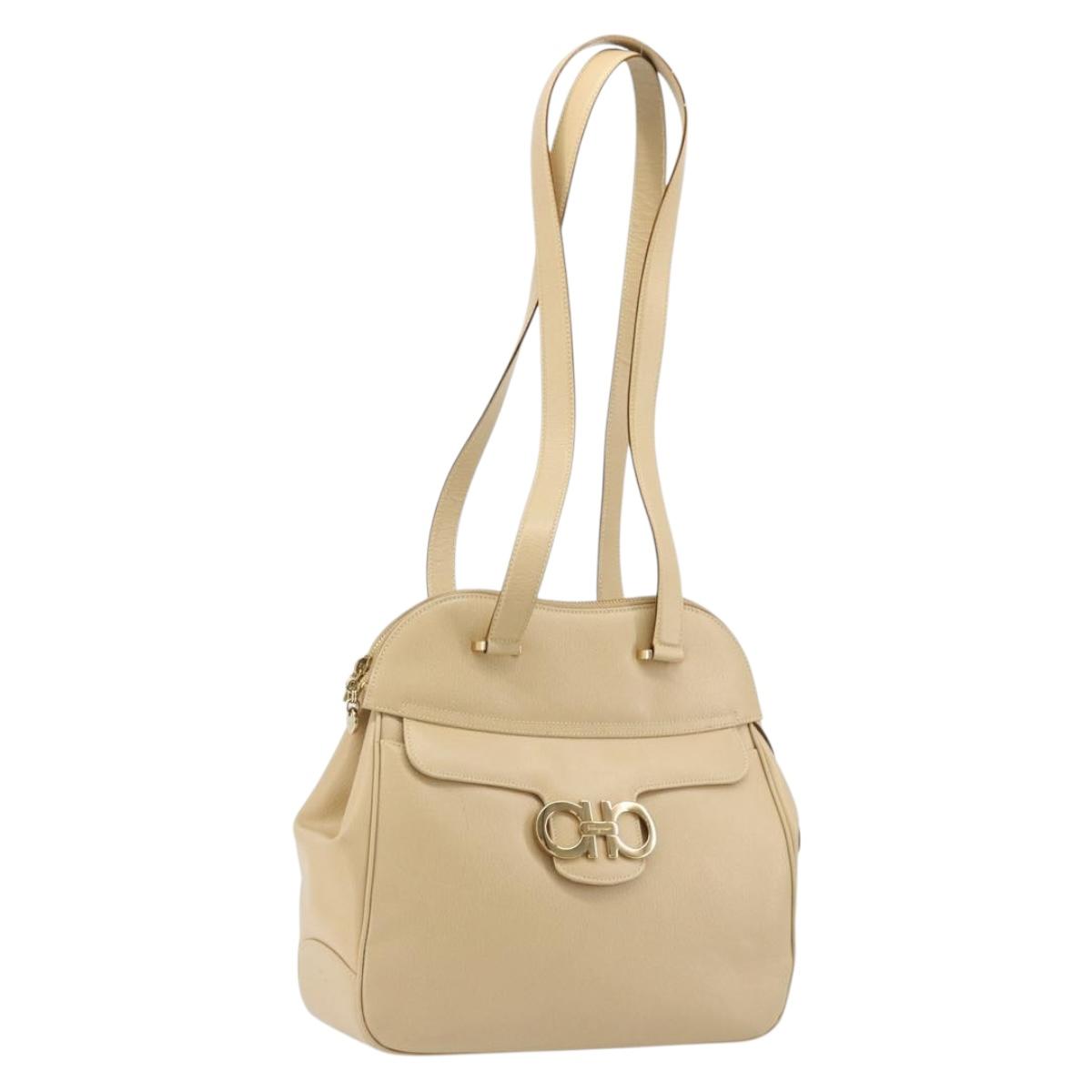 Salvatore Ferragamo Gancini Tote Bag Leather Beige Gold Auth hk3707
