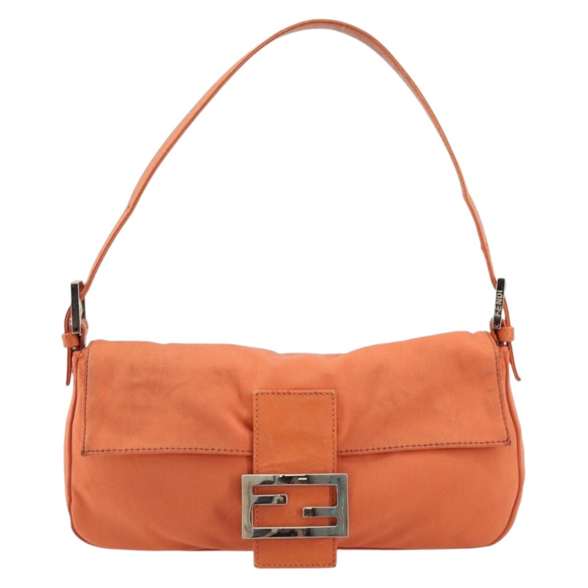 FENDI Mamma Baguette Shoulder Bag Nylon Orange Silver Auth hk3724A