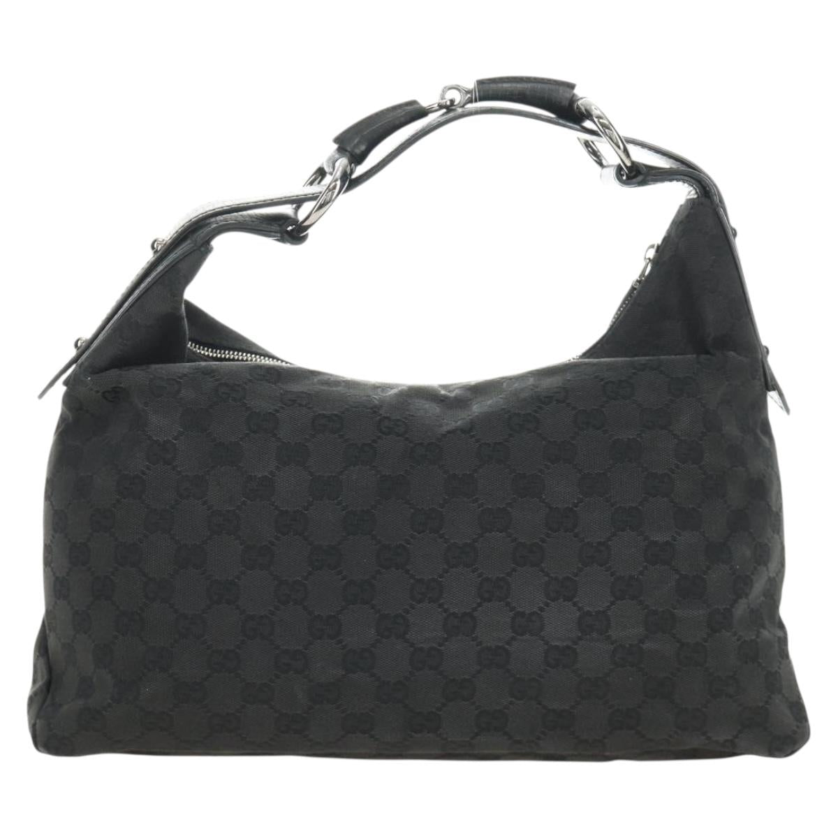 GUCCI GG Canvas Horsebit Shoulder Bag Black Silver 115867 Auth hk3790V
