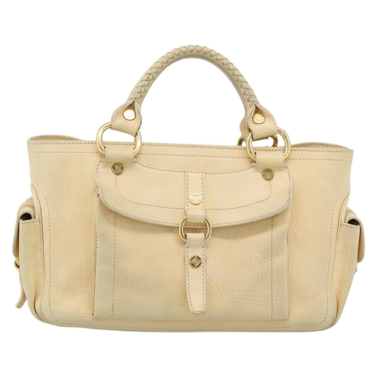 CELINE Hand Bag Leather Ivory Gold Auth hk3795