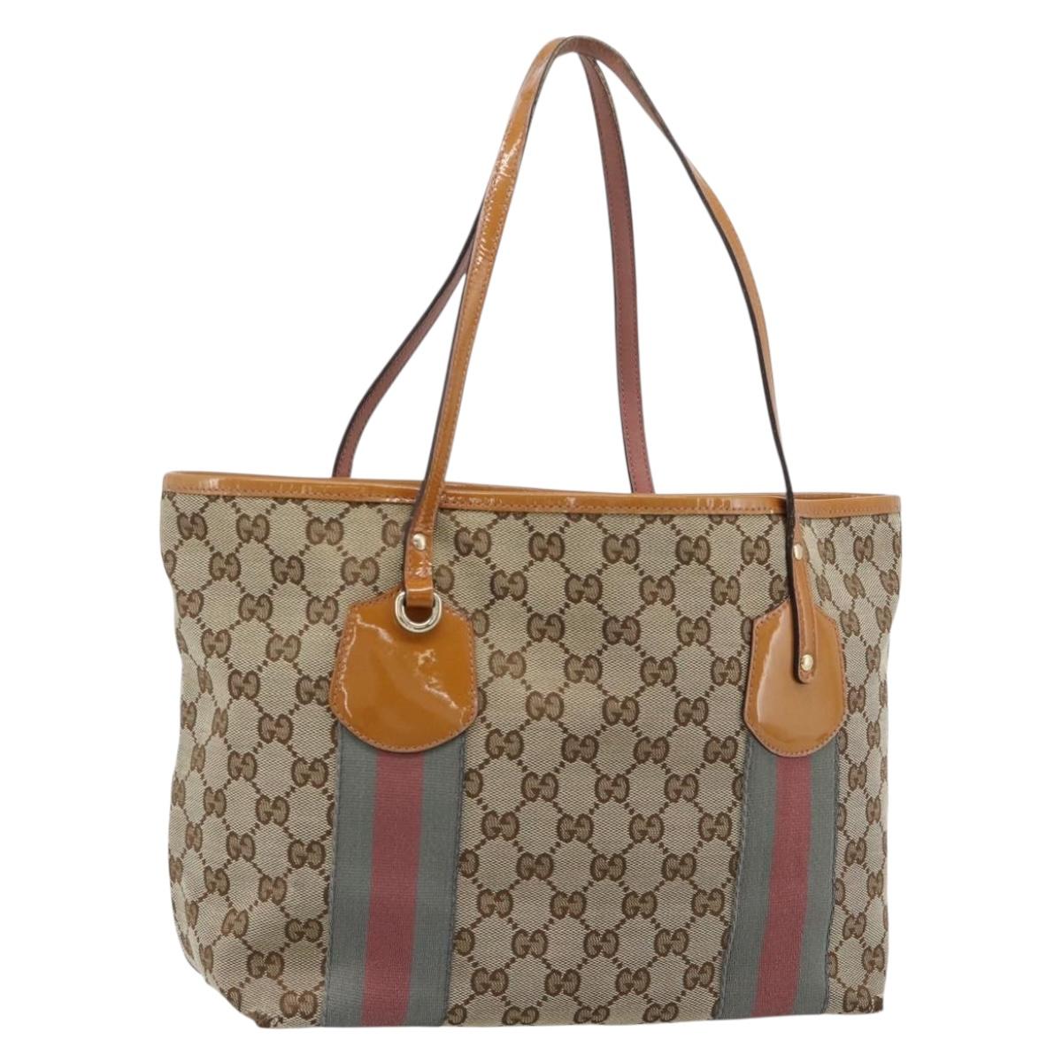 GUCCI GG Canvas Web Sherry Line Tote Bag Beige Gold 211971 Auth hk3796
